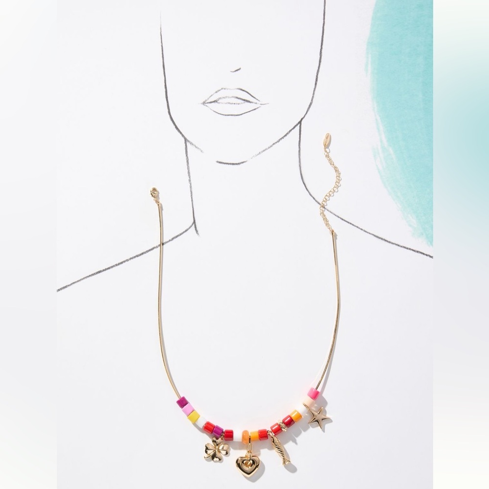 🌸🧡🌺 FUN and Colorful Anthropologie Beaded Charm Necklace - Pink/Orange, Choker - Picture 3 of 7